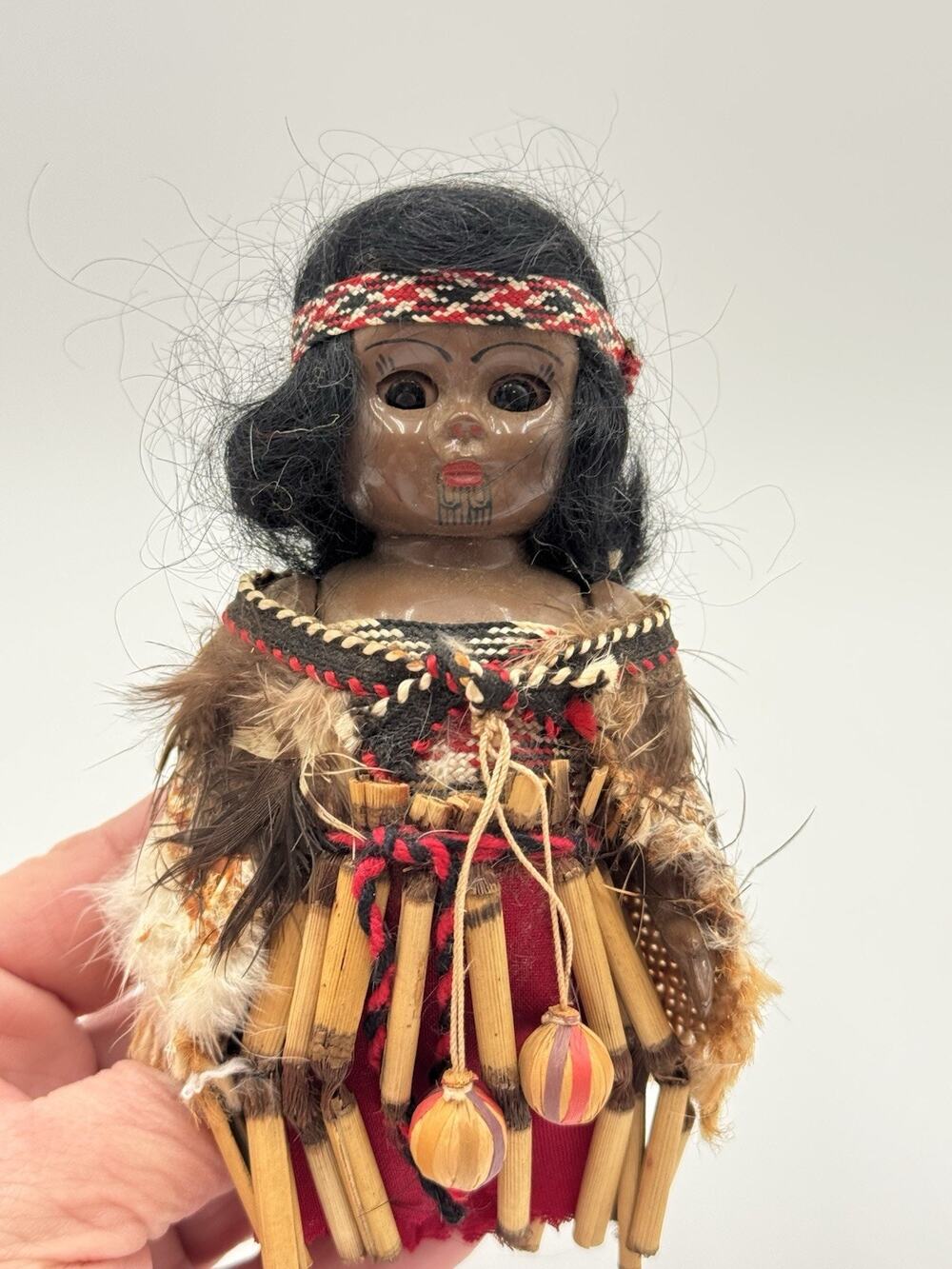 Maori doll With Flax Skirt from New Zealand 1940’s-1950’s Vintage